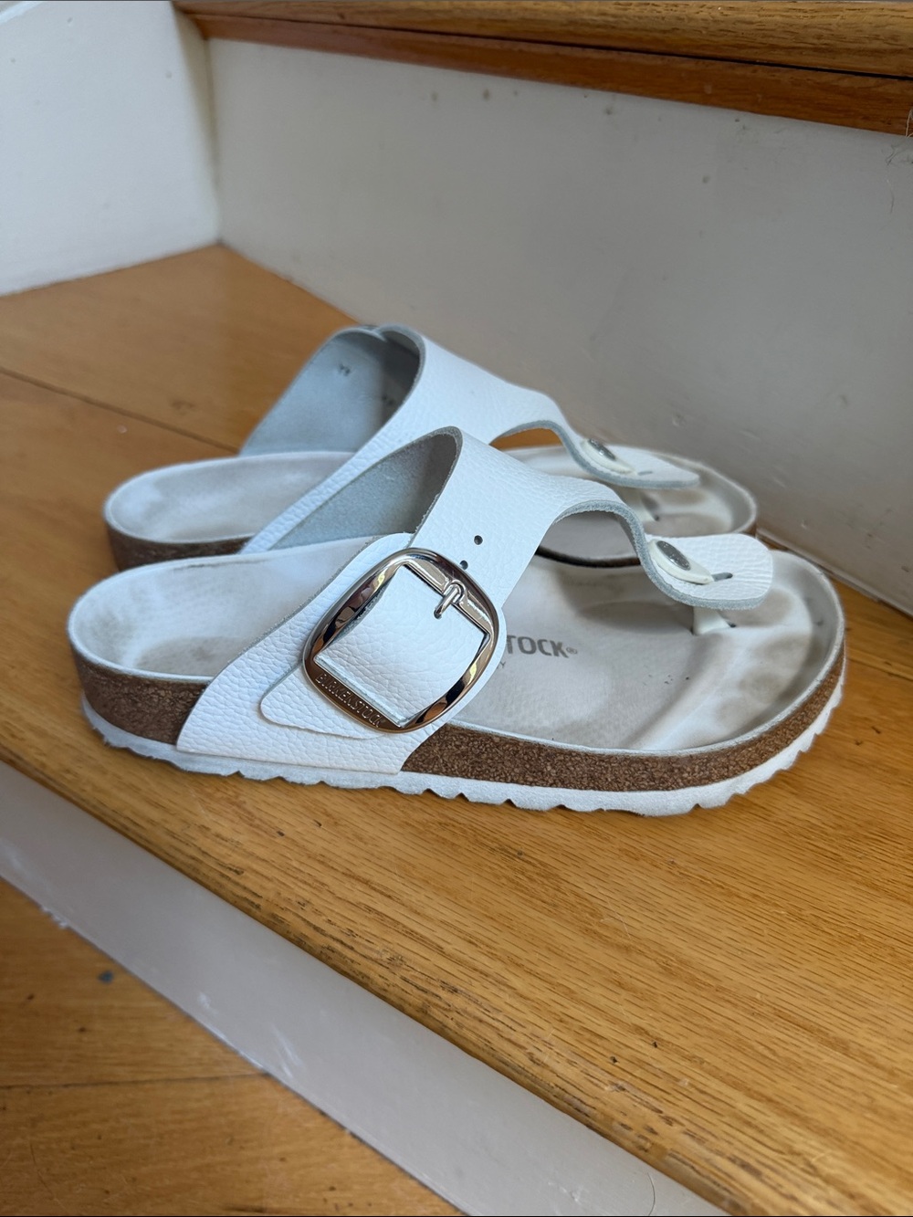 Birkenstock White Big Buckle Gizeh Sandals with Silver Buckle